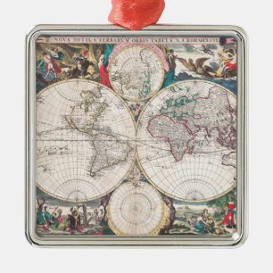 Antique Double-Hemisphere World Map Metal Tree Decoration