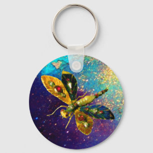 ANTIQUE DRAGONFLY JEWEL  IN BLUE GOLD SPARKLES KEY RING