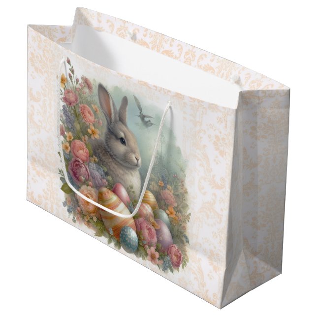 Antique Easter Bunny with Damask Floral Large Gift Bag (Front Angled)