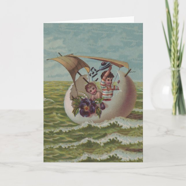 Antique Easter Card Sailing Egg Children (Front)