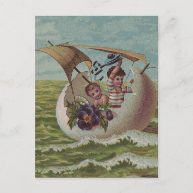Antique Easter Card Sailing Egg Children (Front)