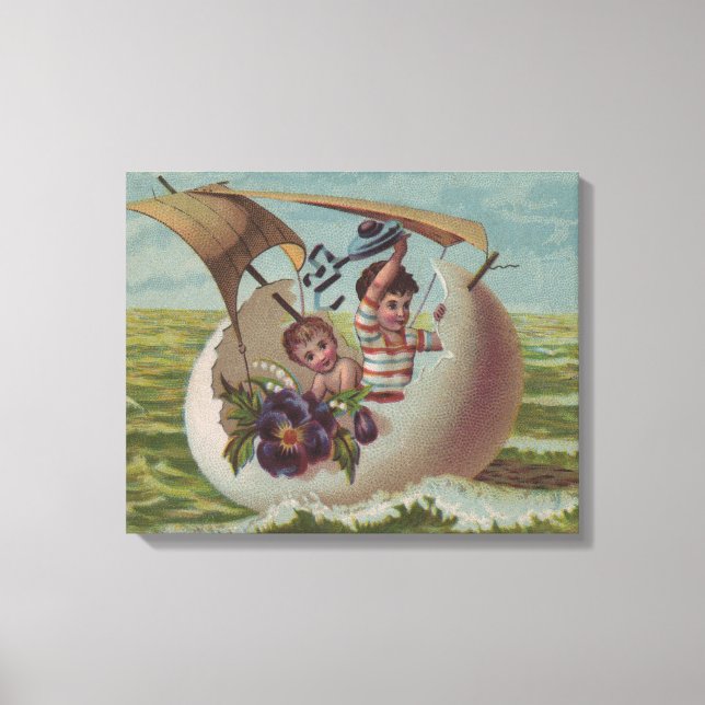 Antique Easter Card Sailing Egg Children Canvas Print (Front)