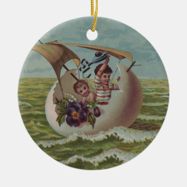 Antique Easter Card Sailing Egg Children Ceramic Tree Decoration (Front)