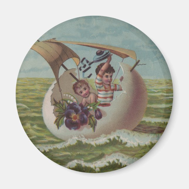 Antique Easter Card Sailing Egg Children Magnet (Front)