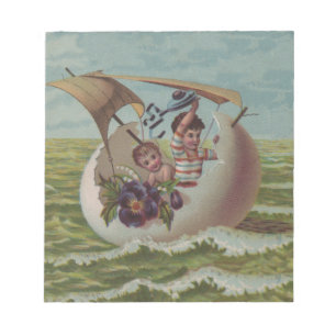 Antique Easter Card Sailing Egg Children Notepad