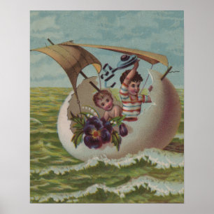 Antique Easter Card Sailing Egg Children Poster