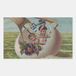 Antique Easter Card Sailing Egg Children Rectangular Sticker