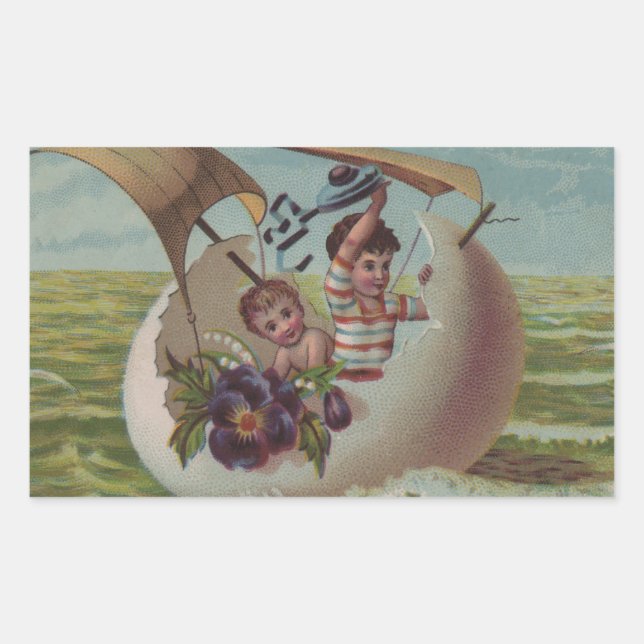 Antique Easter Card Sailing Egg Children Rectangular Sticker (Front)