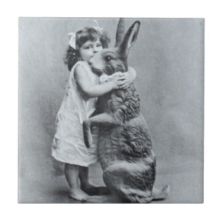 Antique Easter Post Card Victorian Girl Bunny Tile