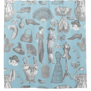 antique edwardian vintage fashion ladies blue shower curtain