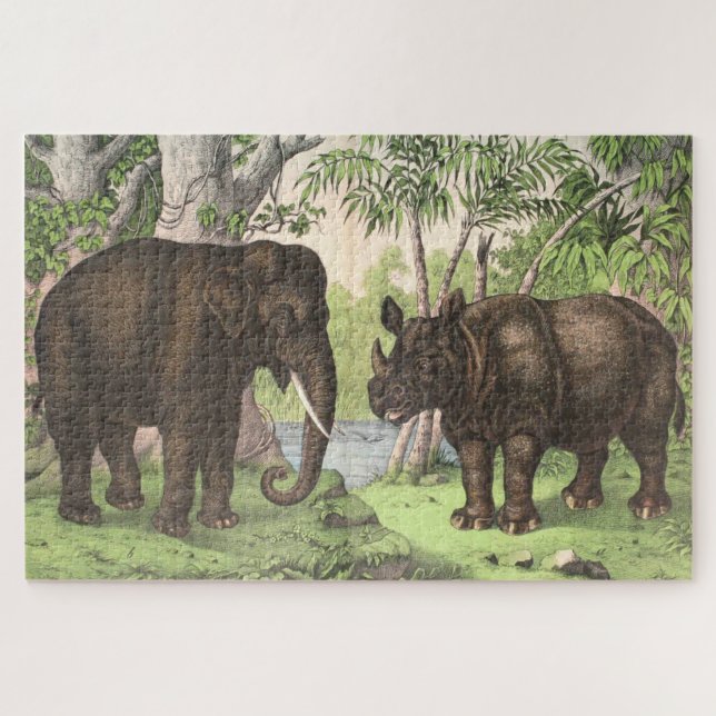 Antique Elephant Rhino Watercolor Print Jigsaw Puzzle (Horizontal)