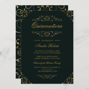 Antique Emerald Gold Flourish Quinceanera Invite