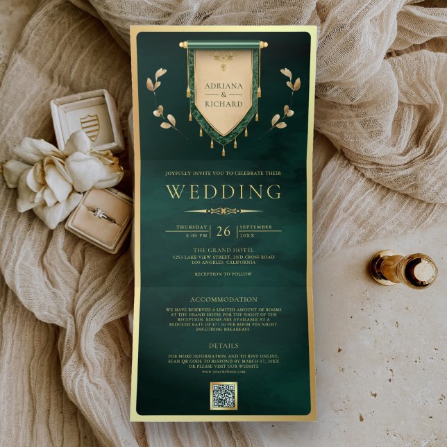 Antique Emerald Green Gold Scroll Mediaeval Weddin Tri-Fold Invitation (Creator Uploaded)