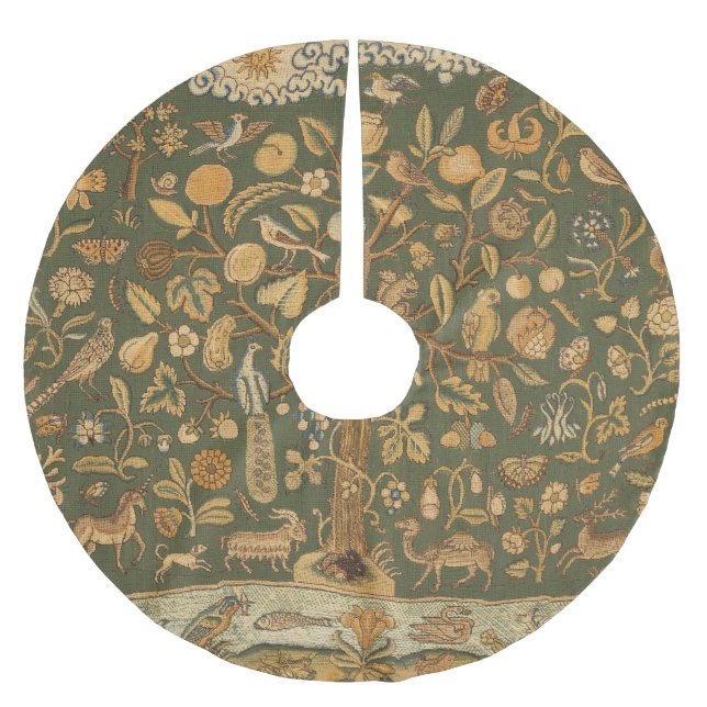 Antique English Needlepoint Tree of Life & Unicorn Brushed Polyester Tree Skirt (Front)