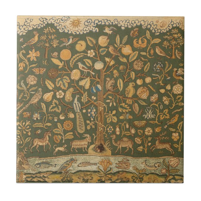 Antique English Needlepoint Tree of Life & Unicorn Tile (Front)