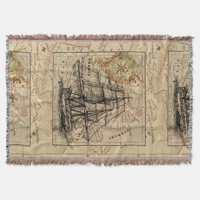 Antique Europe Map Ship Sail Nautical Marine Throw Blanket (Front)