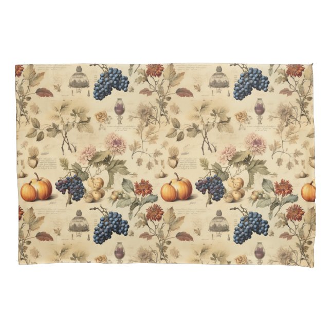 Antique Fall Vineyard Pumpkin Grape Botanical Pillowcase (Front-Left)