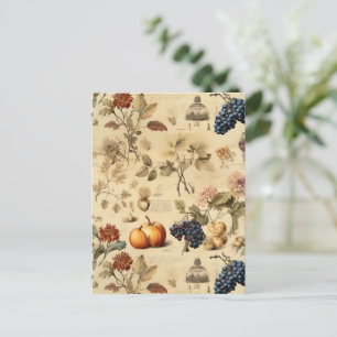 Antique Fall Vineyard Pumpkin Grape Botanical Postcard