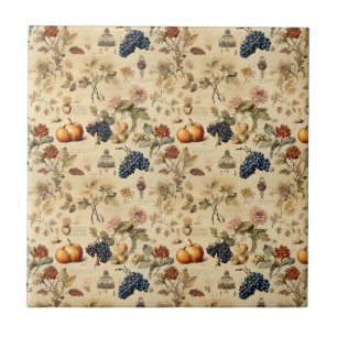 Antique Fall Vineyard Pumpkin Grape Botanical Tile
