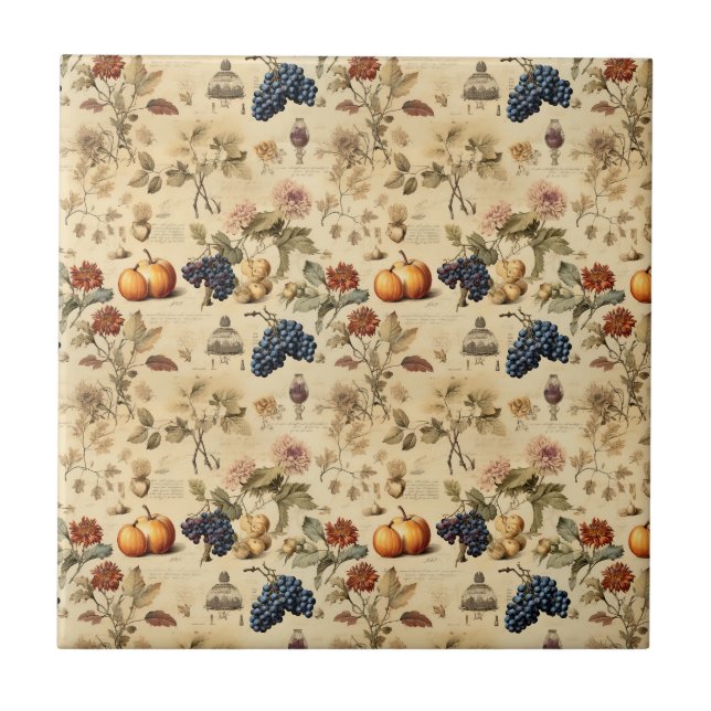 Antique Fall Vineyard Pumpkin Grape Botanical Tile (Front)