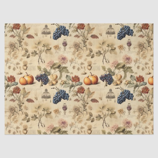 Antique Fall Vineyard Pumpkin Grape Botanical Tissue Paper (Front)