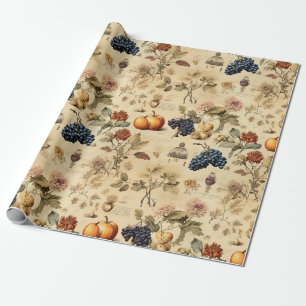 Antique Fall Vineyard Pumpkin Grape Botanical Wrapping Paper