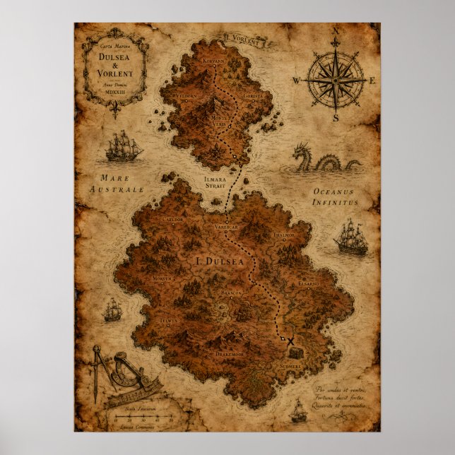 Antique Fantasy Map — Dulsea and Vorlent Isles Poster (Front)