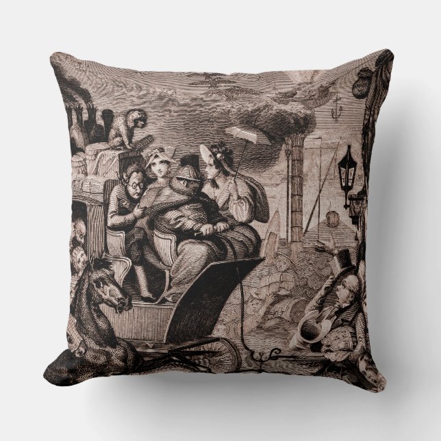 Antique Fantasy Print Vintage Satire and Steampunk Cushion (Front)