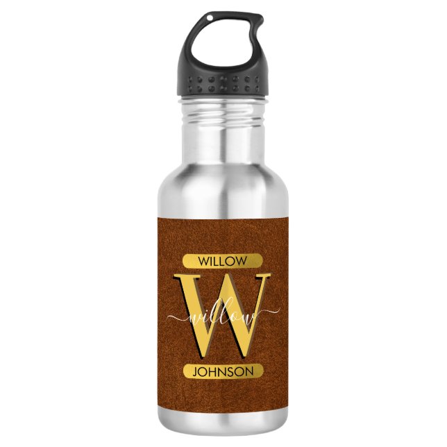 Antique Faux Leather & Gold Monogram  532 Ml Water Bottle (Front)