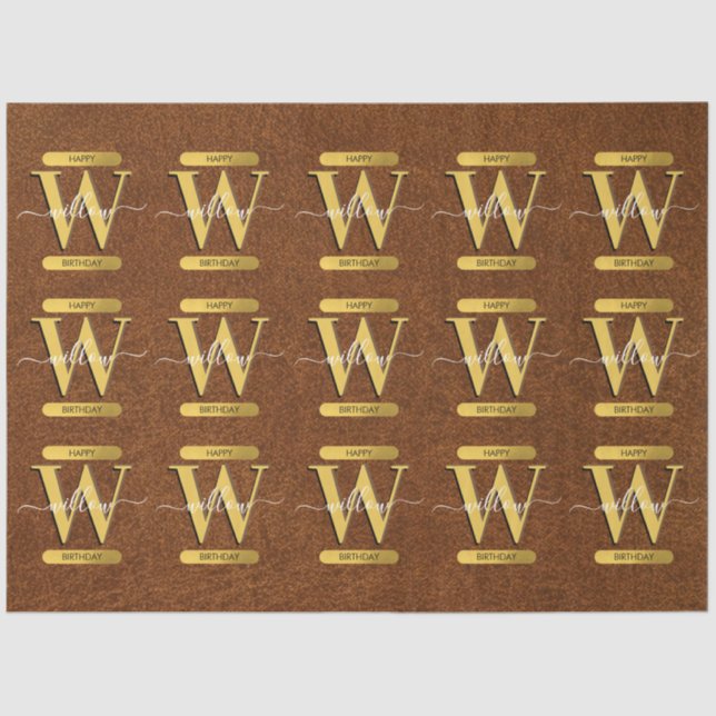 Antique Faux Leather & Gold Monogram Birthday Tissue Paper (Front)