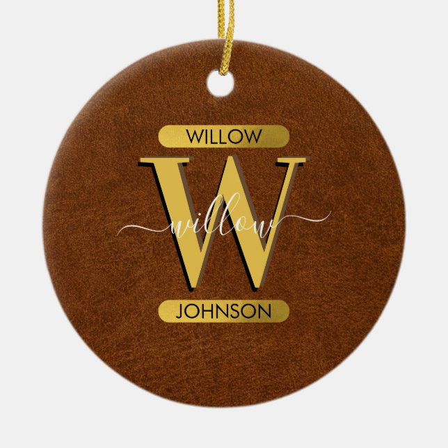 Antique Faux Leather & Gold Monogram Ceramic Tree Decoration (Front)