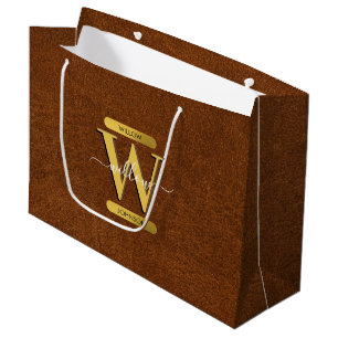 Antique Faux Leather & Gold Monogram  Large Gift Bag