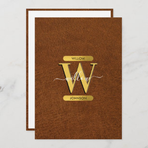 Antique Faux Leather & Gold Monogram Note Card