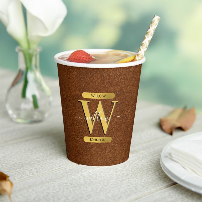 Antique Faux Leather & Gold Monogram  Paper Cups (Insitu)