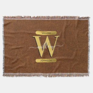 Antique Faux Leather & Gold Monogram Throw Blanket