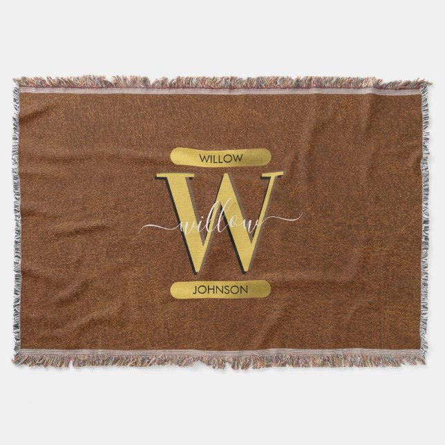 Antique Faux Leather & Gold Monogram Throw Blanket (Front)