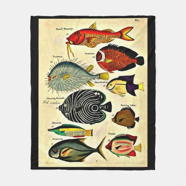  antique fish print fleece blanket (Front)