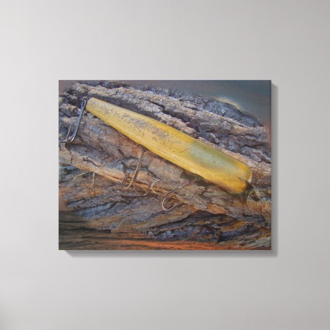Antique Fishing Lure On Driftwood Canvas Print (Front)