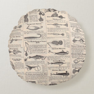 Antique Fishing Lures Catalogue Page Vintage Print Round Cushion