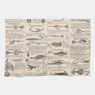 Antique Fishing Lures Catalogue Page Vintage Print Tea Towel