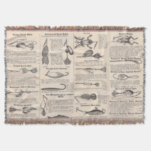 Antique Fishing Lures Catalogue Page Vintage Print Throw Blanket