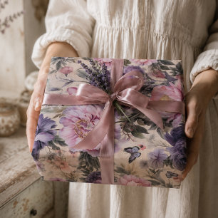 Antique Floral and Butterfly Decoupage, Purple  Wrapping Paper Sheet