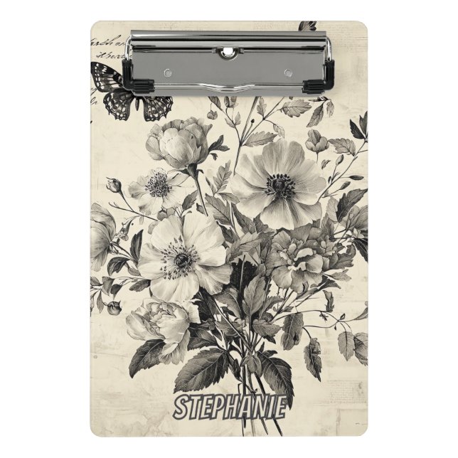 Antique Floral Arrangement - Monochrome Butterfly Mini Clipboard (Front)