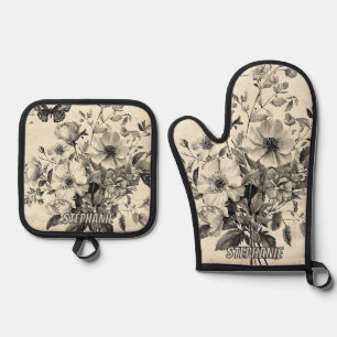Antique Floral Arrangement - Monochrome Butterfly Oven Mitt & Pot Holder Set