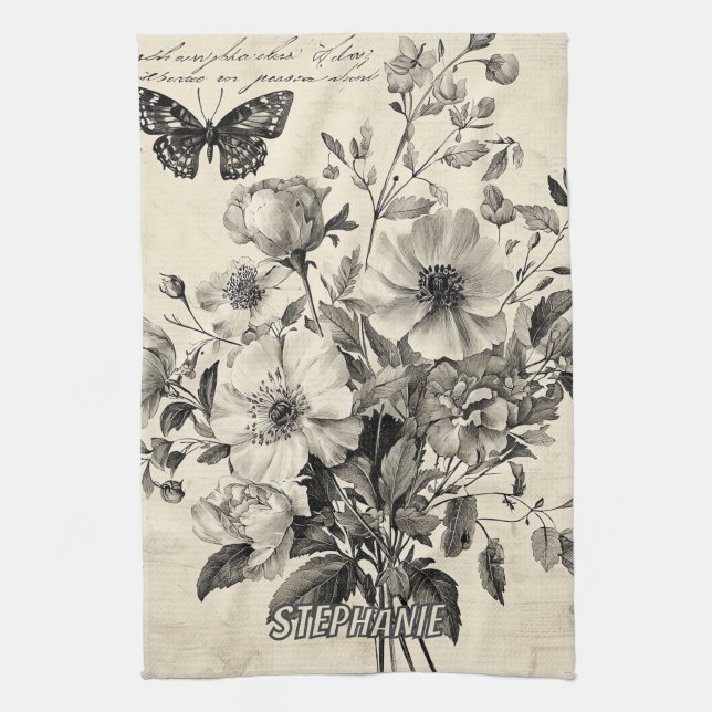 Antique Floral Arrangement - Monochrome Butterfly Tea Towel (Vertical)