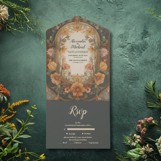Antique Floral Art Nouveau Wedding All In One Invitation (Creator Uploaded)