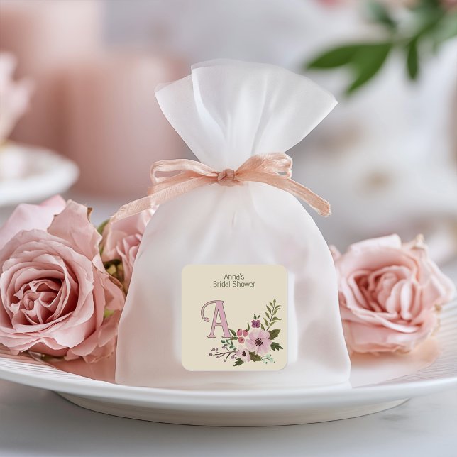 Antique Floral Bridal Shower Custom Monogram Square Sticker (Creator Uploaded)