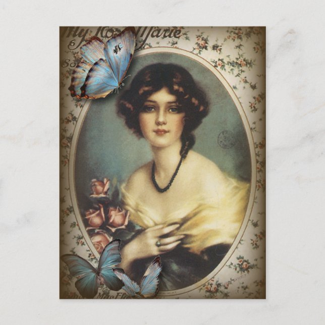 Antique Floral butterfly parisian girl victorian Postcard (Front)