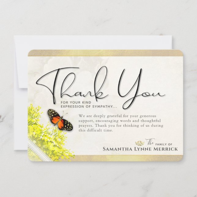 Antique Floral Butterfly Sympathy Thank You Card (Front)