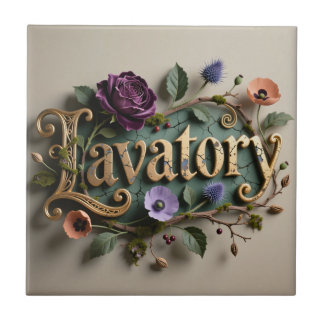 Antique Floral Gold Lavatory Word Sign Tile